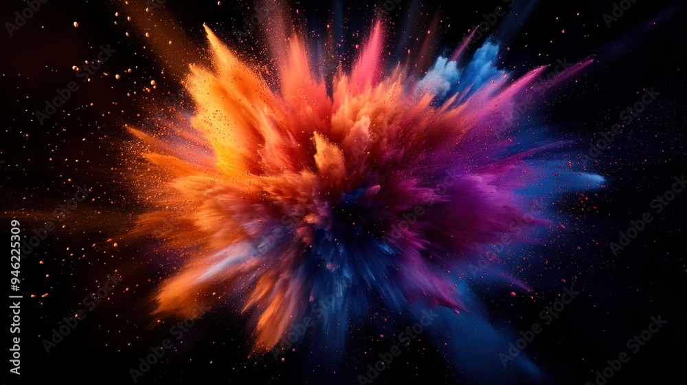 Poster vibrant burst of colorful powder on a black background, capturing the dynamic explosion and vivid hu