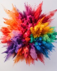 Vibrant explosion of colored powder creating a stunning abstract design with a full spectrum of bright hues on a white background.