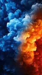 Vibrant explosion of blue and orange smoke against a dark background, creating a dynamic and captivating visual effect.