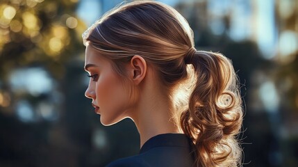 Fototapeta premium A side-swept ponytail with loose curls, exuding a relaxed yet polished vibe for any occasion