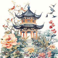 Intricate Watercolor Illustration of a Traditional Chinese Pavilion