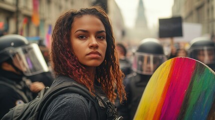 Activists rally with placards advocating for rights while law enforcement stands ready with riot shields, enforcing order during clashes. Generative AI