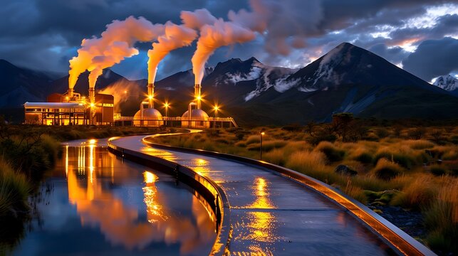Geothermal power plant with steam vents,  - Powered by Adobe