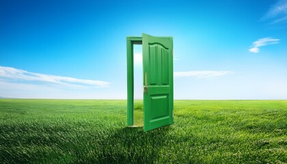 Open green door in plain with grass, isolated open door in green field, Generative AI