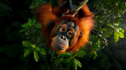 Obraz premium Endangered orangutan in fragmented rainforest, 