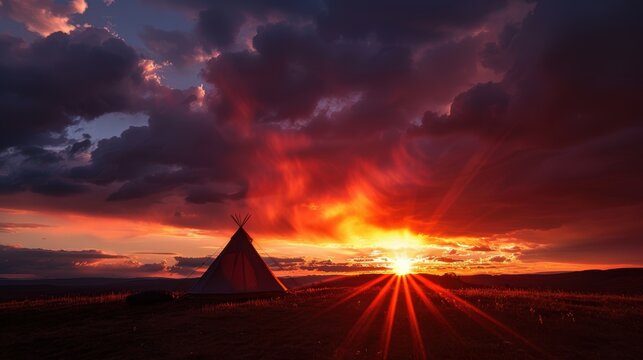 Dramatic sunset illuminating a native american teepee on the great plains