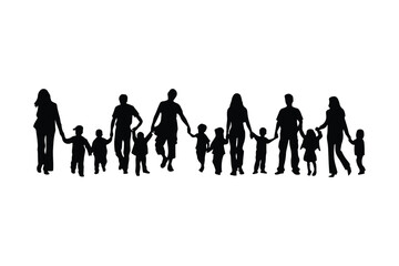 Set of Silhouettes of Parents with Children Holding Hands.