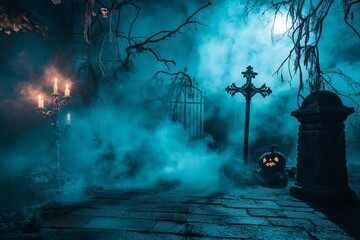Fototapeta premium A graveyard scene with fog, an iron gate, a cross monument, and a glowing jack-o'-lantern on Halloween night.