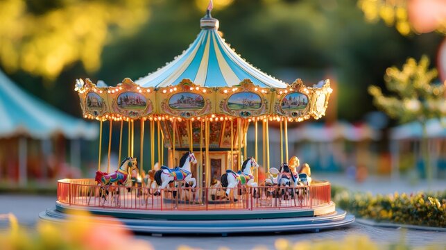 A vintage carousel with horses and lights in a colorful, whimsical setting, evoking nostalgia and childhood memories at a fairground.