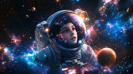 A young girl in a sleek open face astronaut suit, floating in space with a galaxy of stars and planets around her