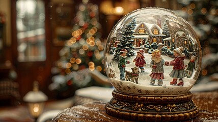 This delightful snow globe showcases a charming winter scene with children ice skating. When shaken, swirling snow creates a joyful and festive atmosphere inside the globe.