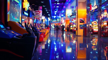 Colorful arcade with bright lights and various game machines. Perfect for entertainment and gaming-themed projects.