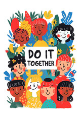 Diverse group of smiling faces with do it together text, colorful abstract background