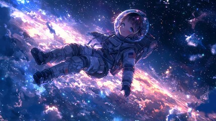 Fototapeta premium A charming girl in an anime-style space suit, floating in zero gravity with a galaxy-filled sky as the backdrop