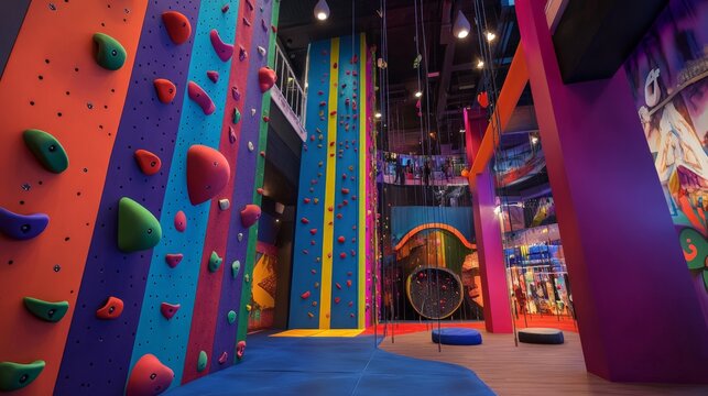 Indoor climbing gym with colorful climbing walls and obstacles, perfect for adventure and fitness enthusiasts of all ages.