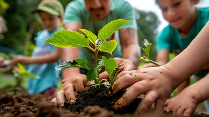 Reforestation project, volunteers planting trees, 