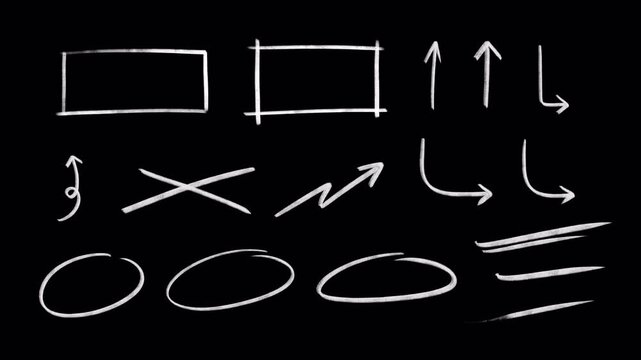 A Set of boxes, circles, arrows and line art: Hand-drawn animation of pencil crayon, rough chalk underline, marks, sketching elements on a transparent background, alpha channel.