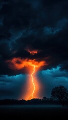 Dramatic lightning strike illuminates dark stormy sky over a distant landscape, showcasing the power of nature in a breathtaking moment.