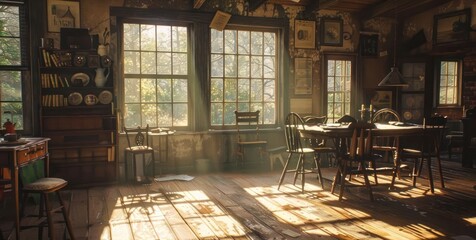 Sunbeams stream through windows in a rustic room with a table, chairs, and wooden floor. © Tina