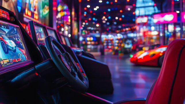 Vibrant arcade with racing game simulators and colorful lights, capturing the energetic atmosphere of gaming and entertainment.