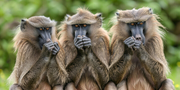 Three baboons mimicking "see no evil, speak no evil" gesture in a natural setting