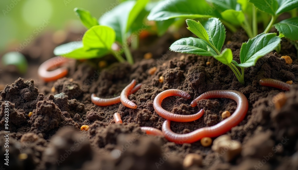 Poster  Vibrant garden life with earthworms and sprouting plants