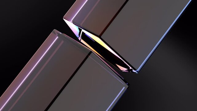 Abstract animation, 3d render of rotate in and out. Pentagon glass rotating geometric shape object isolated on black background, Rainbow colors reflection glass. 4k seamless looped video
