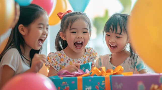 Three happy Asian children are eagerly unwrapping birthday presents, celebrating with laughter and joy amid vibrant decorations