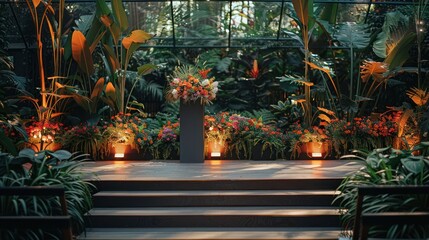 A tropical garden setting with a wooden stage, lit by warm lights, decorated with flowers and foliage, surrounded by lush greenery.