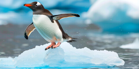 Fototapeta premium Gentoo penguin launching off ice floe in Antarctica
