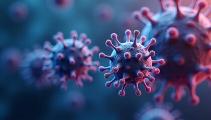  Viral particles in a microscopic view illuminated in hues of blue and pink