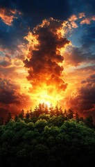 Breathtaking sunset over a lush forest with dramatic clouds, emitting vibrant hues of orange and red, creating a stunning natural landscape.