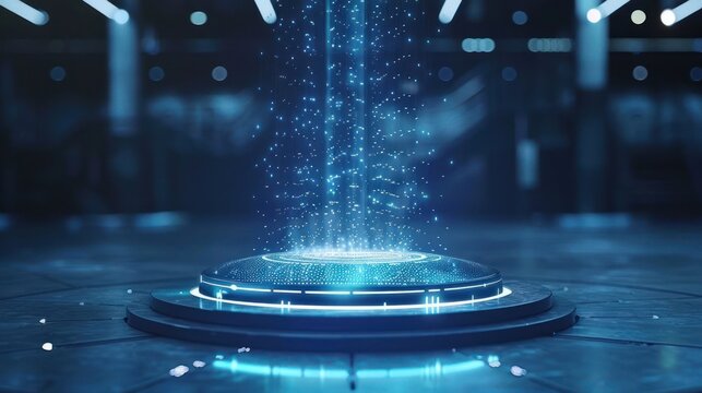A glowing blue digital portal in a futuristic setting.