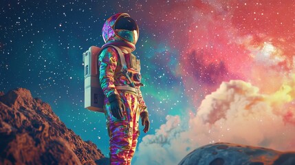 A cute girl in a colorful open face astronaut suit, exploring a distant planet with a galaxy of stars overhead