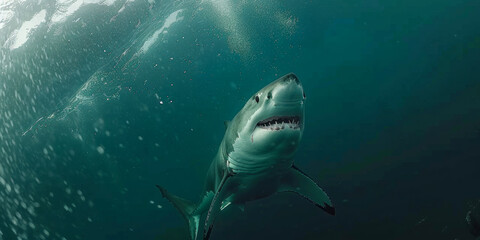 Great white shark swimming upwards towards the ocean surface with water bubbles around, dynamic underwater photo