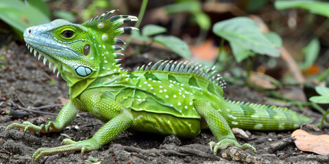 Fototapeta premium Lizard with spiked crest and spotted scales in natural habitat, side view highlighting vibrant green coloration