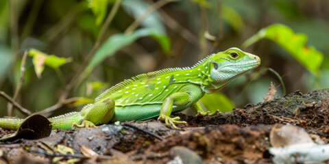 Fototapeta premium Lizard on forest floor surrounded by leaves, showcasing unique patterns and colors in a natural jungle setting