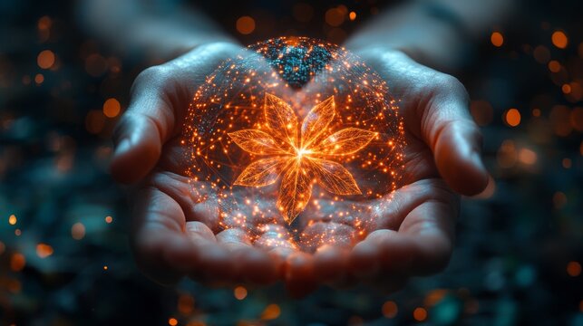 A user interacts with a shimmering holographic interface displaying renewable energy data, set in a futuristic office environment during twilight.