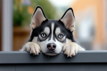 Fototapeta premium Funny Siberian Husky pretending to be serious, captured in a photo where the dogâ€™s serious expression is clearly at odds with its playful nature