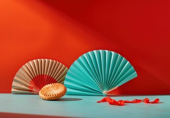 Colorful paper fans and a decorative cookie on a vibrant background