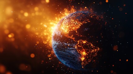 Fototapeta premium A dramatic image of Earth with vibrant, fiery visual effects signifying global events or environmental issues, set against a dark background.