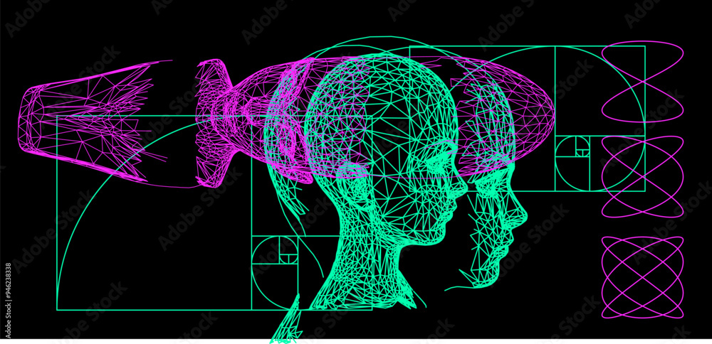 Poster a set of 3d heads made of mesh. illustration in techno futuristic style.
