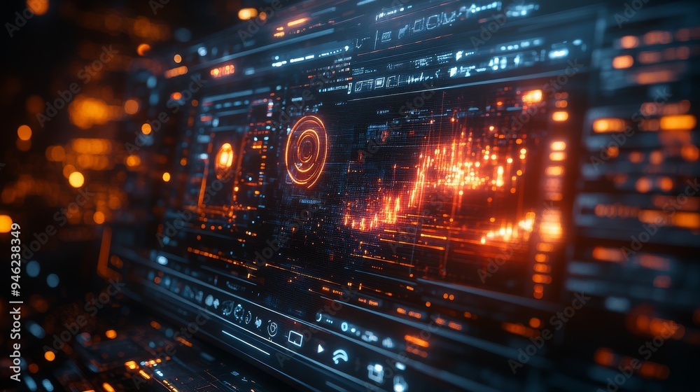 Poster a holographic interface displays vibrant data visualizations and controls for managing social intera