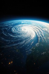 A breathtaking view of Earth from space showcasing a massive hurricane spiraling over the ocean,...