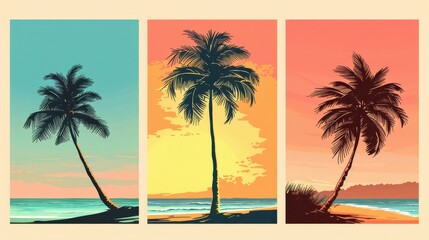 Obraz premium Coconut tree flat design side view seaside theme cartoon drawing Triadic Color Scheme