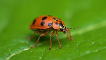 Fototapeta premium Vibrant Ladybug on a Leafy Green Stage