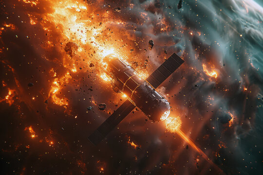 Advanced interceptor fires a net system to neutralize an enemy satellite, demonstrating high-tech space defense. Space combat theme