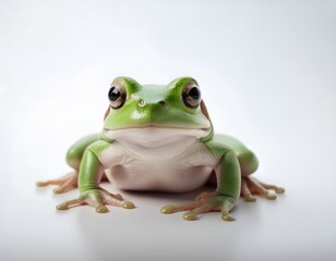 A small, green frog sitting calmly on a white background