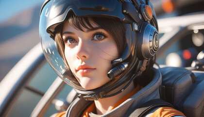 Woman wearing helmet and orange shirt inside a car