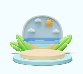 Round empty scene with summer sea background. Advertising creative podium